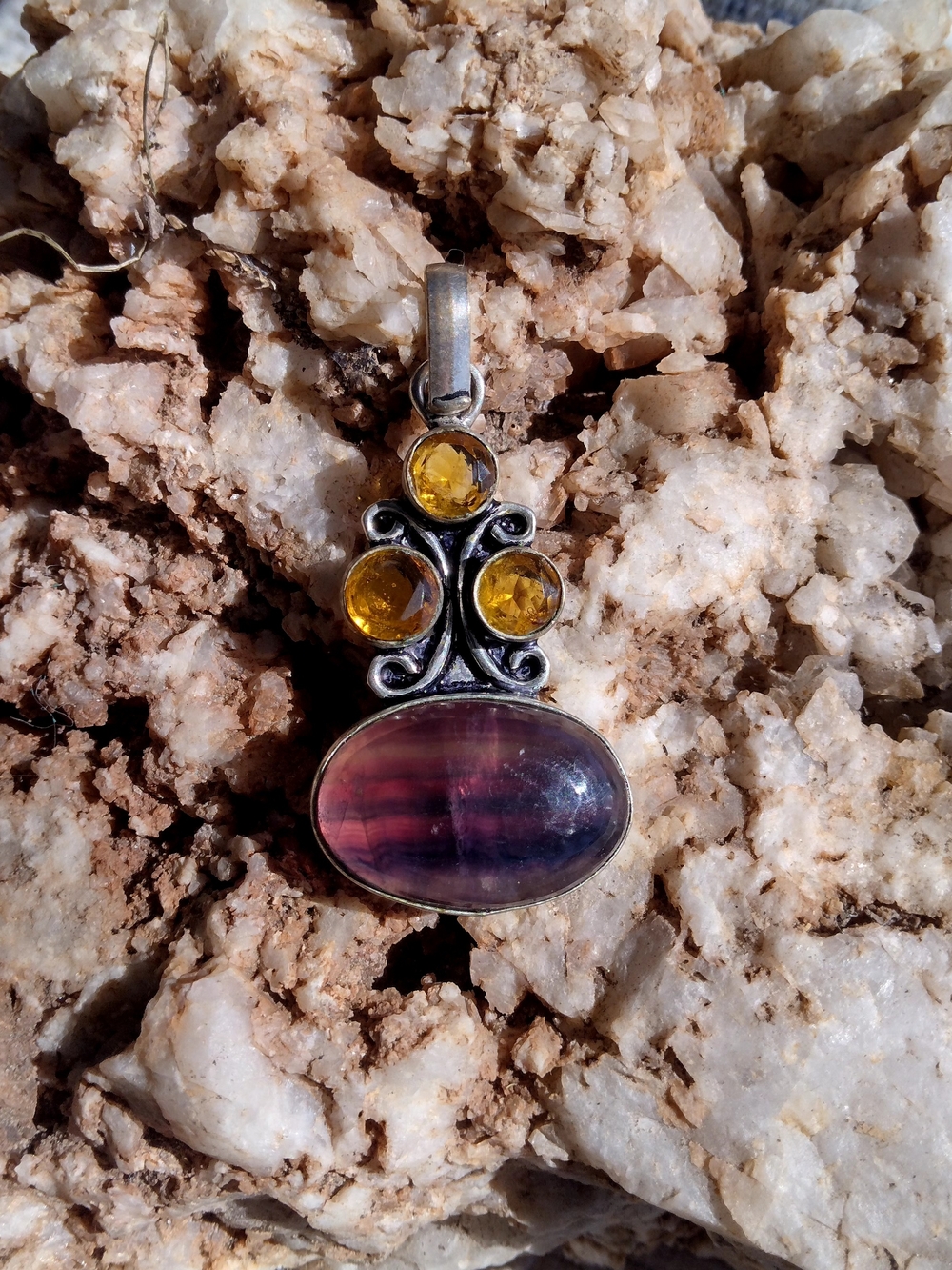 NEW Sterling Silver Flourite and Citrine Pendant